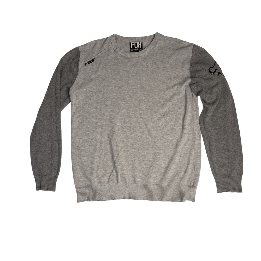 Fox Racing Knit Sweater Mens Large Gray Colorblock Moto Graphic Crew Neck Good